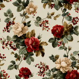 Floral wallpaper with red and cream roses with berry sprigs on an off-white background.
