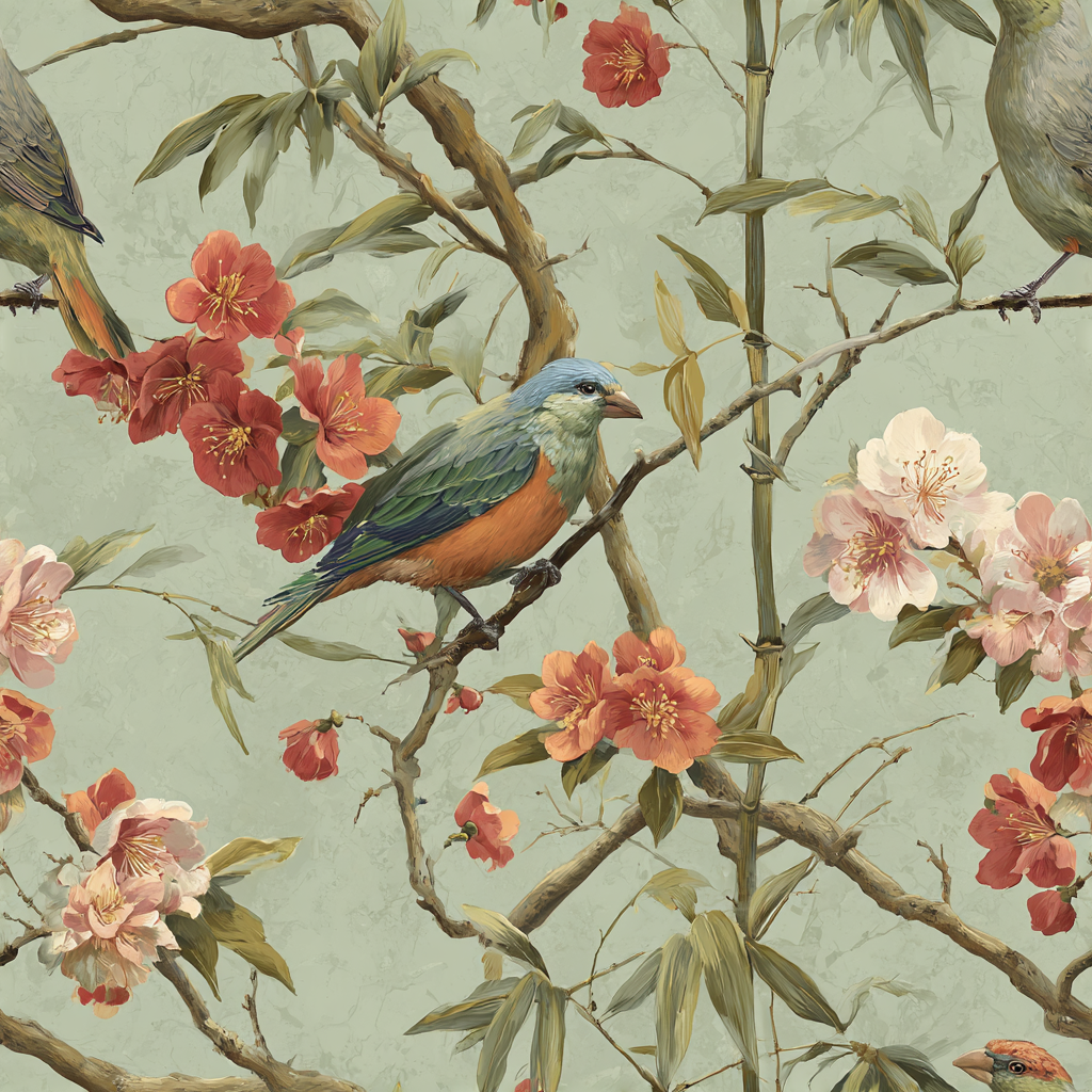 Botanical wallpaper with a bird and blossom pattern on a green textured background.
