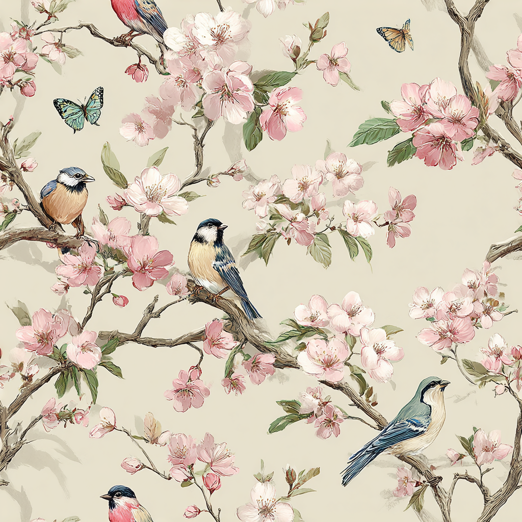 Birdsong Sonata Wallpaper with pink blossoms and perching birds on branches.