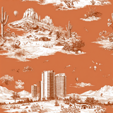 Patterned wallpaper featuring desert landscapes and cityscapes.