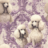 Versailles Vogue Wallpaper with poodle and floral damask design in shades of purple and cream.
