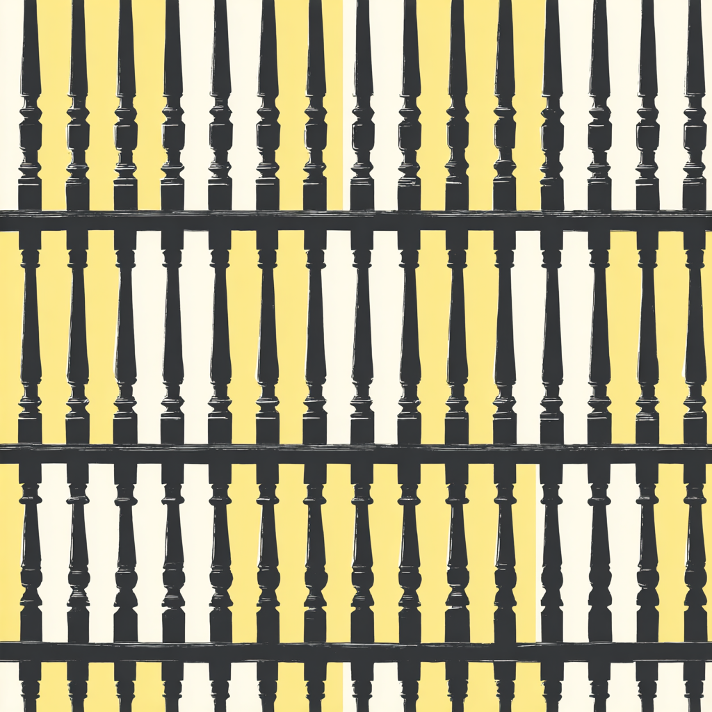 Veranda spindles wallpaper with dark gray bars and pale yellow background.