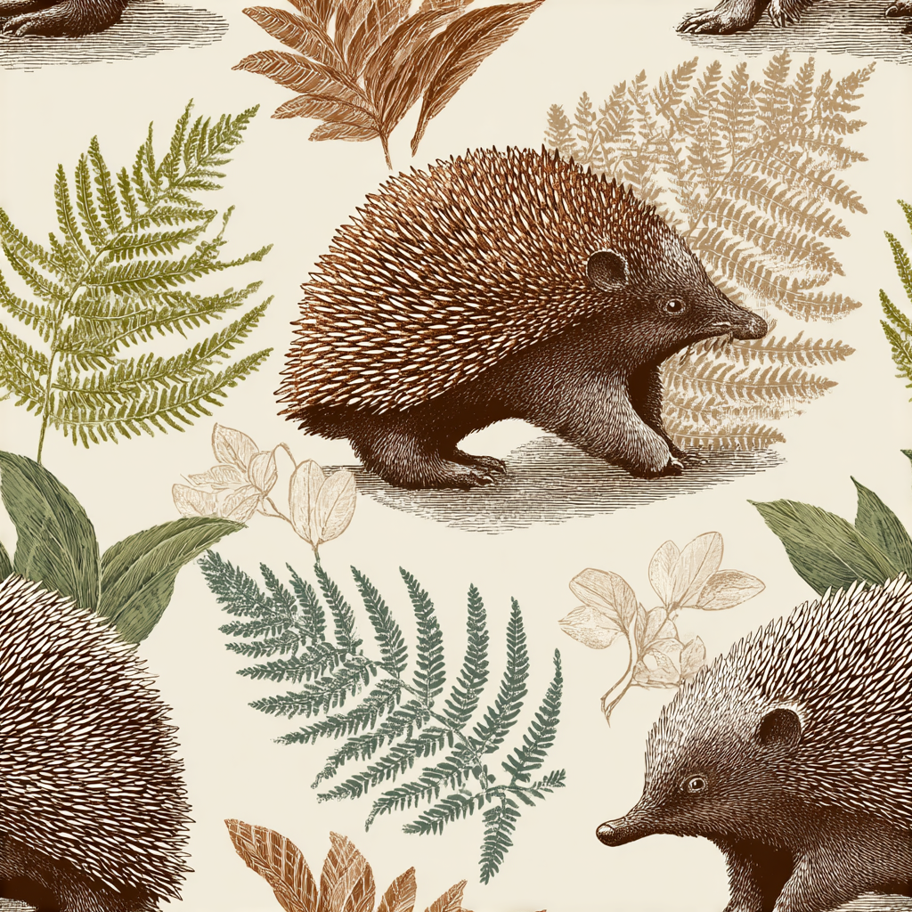 Bushland Quill wallpaper with echidna pattern and fern foliage.
