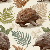 Bushland Quill wallpaper with echidna pattern and fern foliage.
