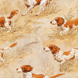 Hunting dog wallpaper featuring an orange and white pattern, showing dogs in tall grass.
