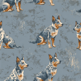 Patterned wallpaper featuring repeating blue heeler dogs with rustic textural details.
