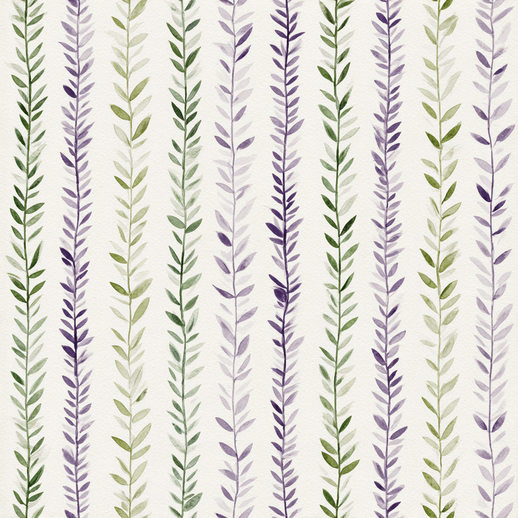 Botanical trellis wallpaper with green and purple leaves, arranged in vertical stripes.
