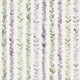 Botanical trellis wallpaper with green and purple leaves, arranged in vertical stripes.
