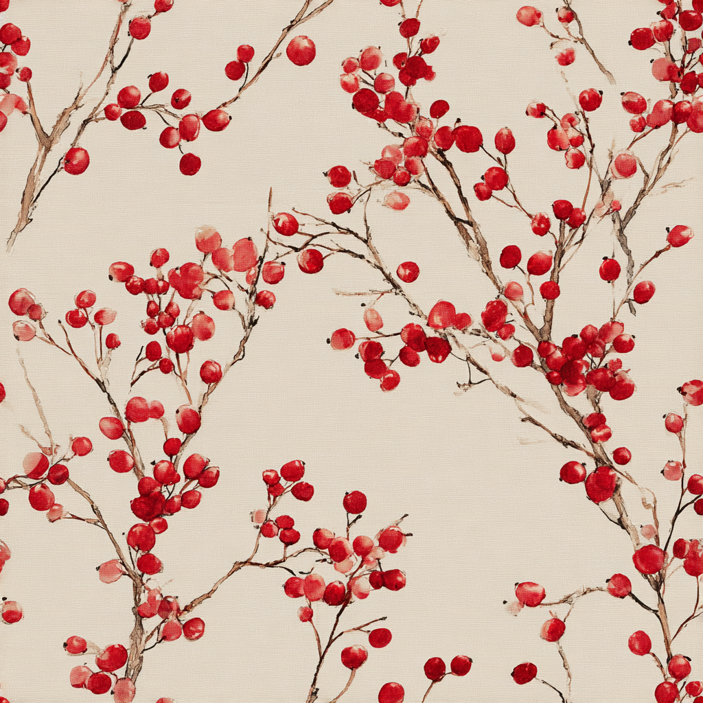 Crimson Wintertide Wallpaper with red berries pattern on an off-white textured background.
