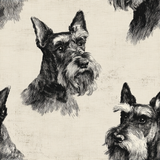Patterned wallpaper with Schnauzer dog illustrations on a textured background.