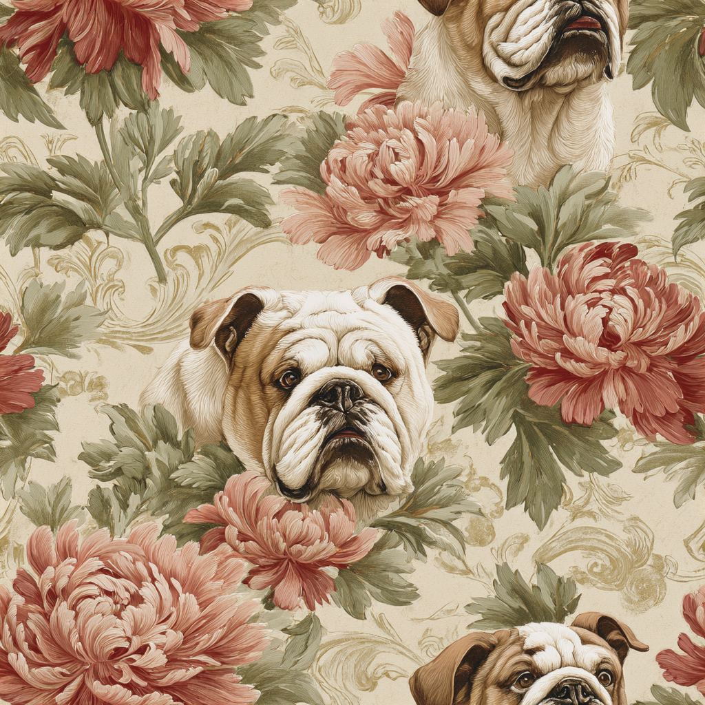 Floral wallpaper with bulldogs from English Garden collection, featuring red peonies and leafy accents.