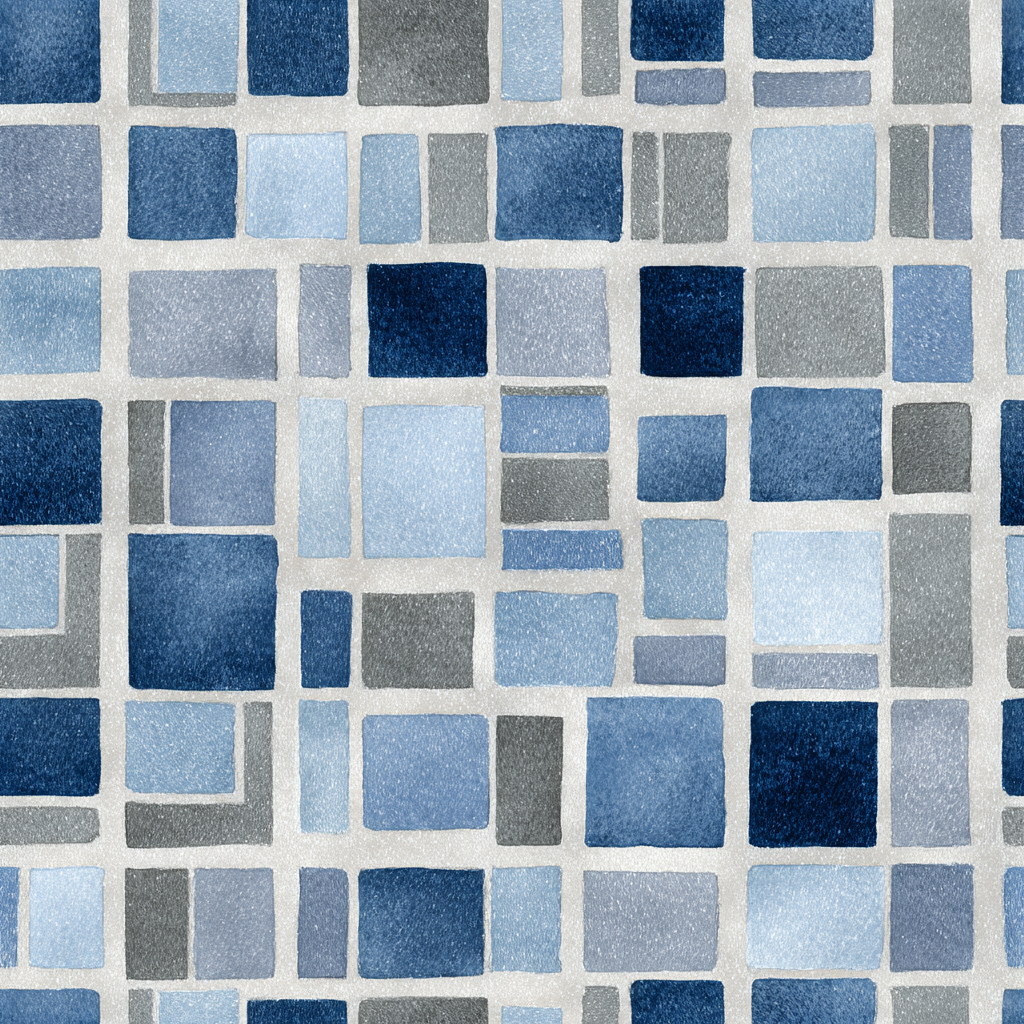 Blue mosaic-style wallpaper with geometric square pattern, featuring gray grout lines.