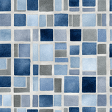 Blue mosaic-style wallpaper with geometric square pattern, featuring gray grout lines.