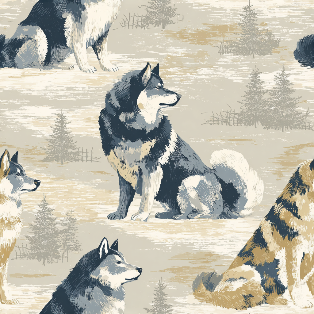 Patterned wallpaper with a wolf and tree motif by Brewster Home Fashions, in shades of gray, white, and gold.
