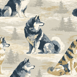 Patterned wallpaper with a wolf and tree motif by Brewster Home Fashions, in shades of gray, white, and gold.
