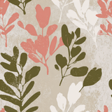 Floral coralwood wallpaper with beige textured background and botanical accents.