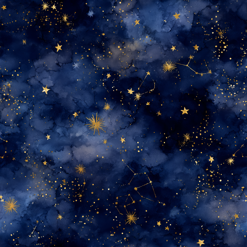 Celestial Atlas Wallpaper with navy blue watercolor texture and gold stars.