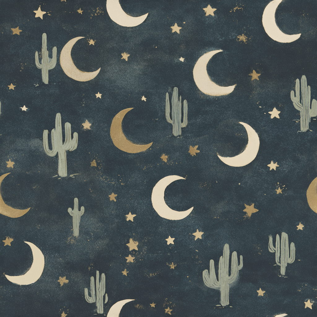 Desert midnight wallpaper featuring cacti, crescent moons, and star patterns.