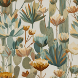 Botanical cactus wallpaper featuring teal and beige cacti and succulents on a neutral background.