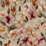 Floral pattern wallpaper with pink, peach, and burgundy flowers on a neutral textured background.