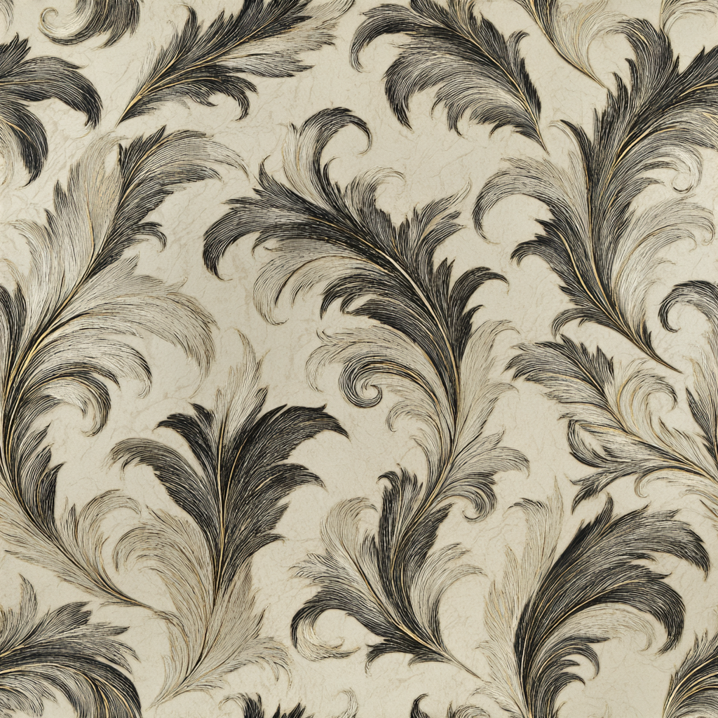 Beige Featherstorm Flourish Wallpaper with flourishing leaf design.
