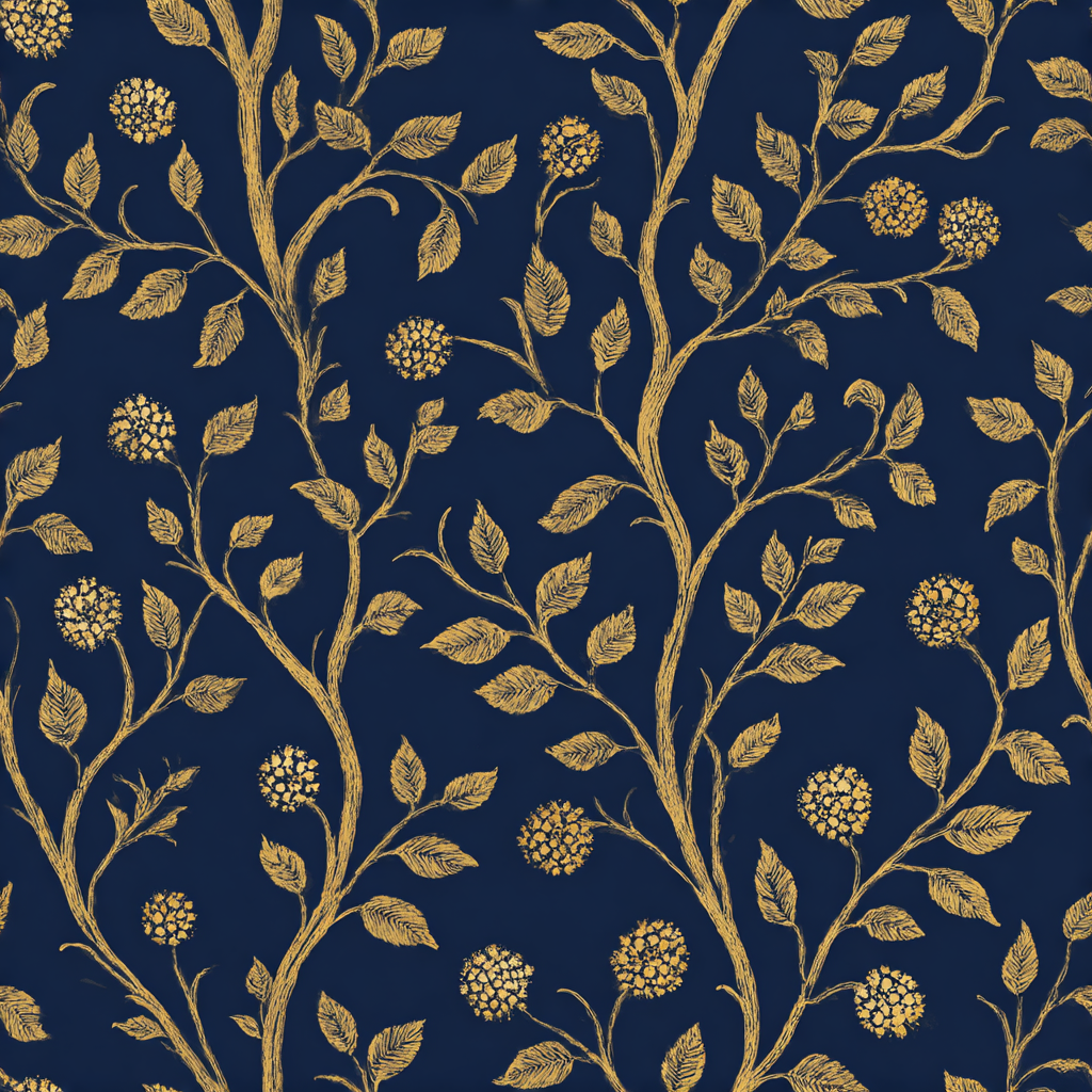 Floral wallpaper with gold pattern on navy background.