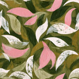 Abstract wallpaper with green, pink, and white painted leaves, textured background.