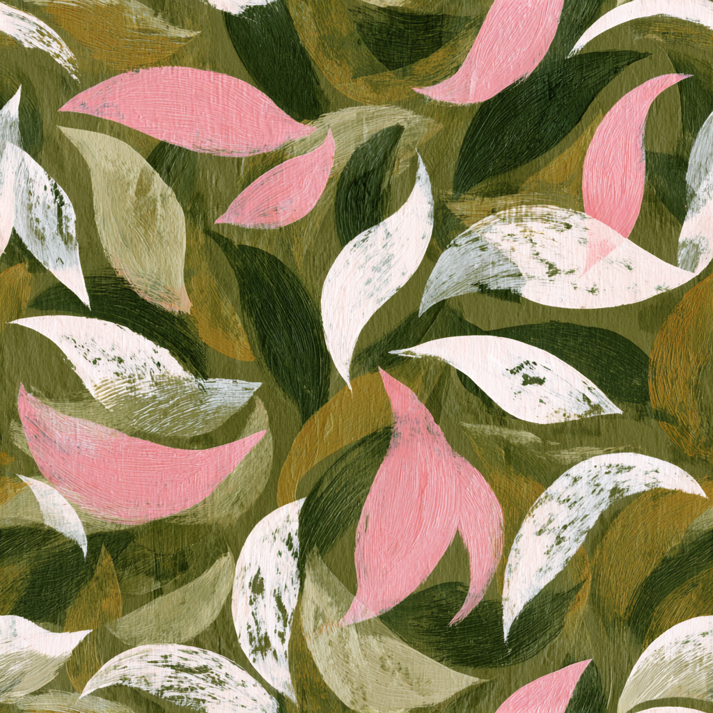 Abstract wallpaper with green, pink, and white painted leaves, textured background.