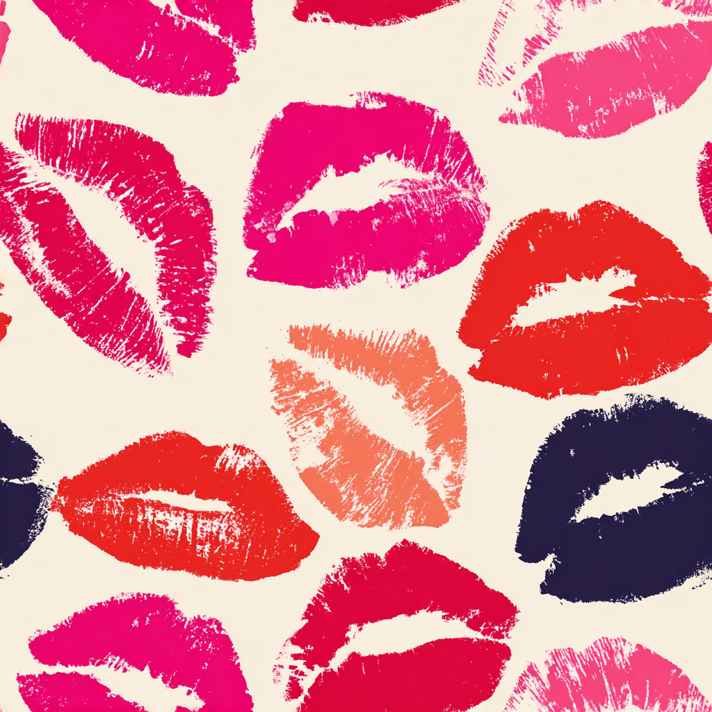 Kiss print wallpaper with varying colors, pattern texture.

