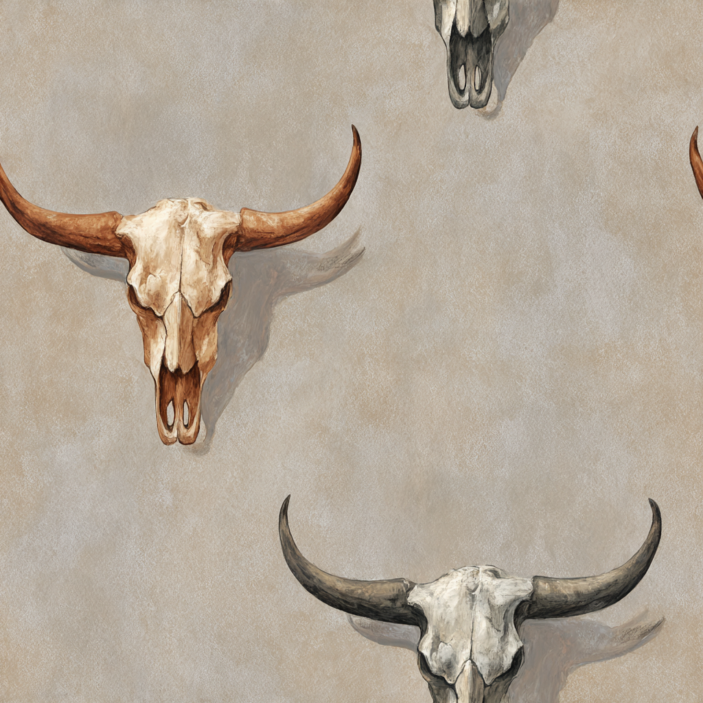 Rustic cattle skull wallpaper with a beige backdrop and a repeated pattern.
