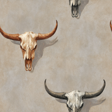 Rustic cattle skull wallpaper with a beige backdrop and a repeated pattern.

