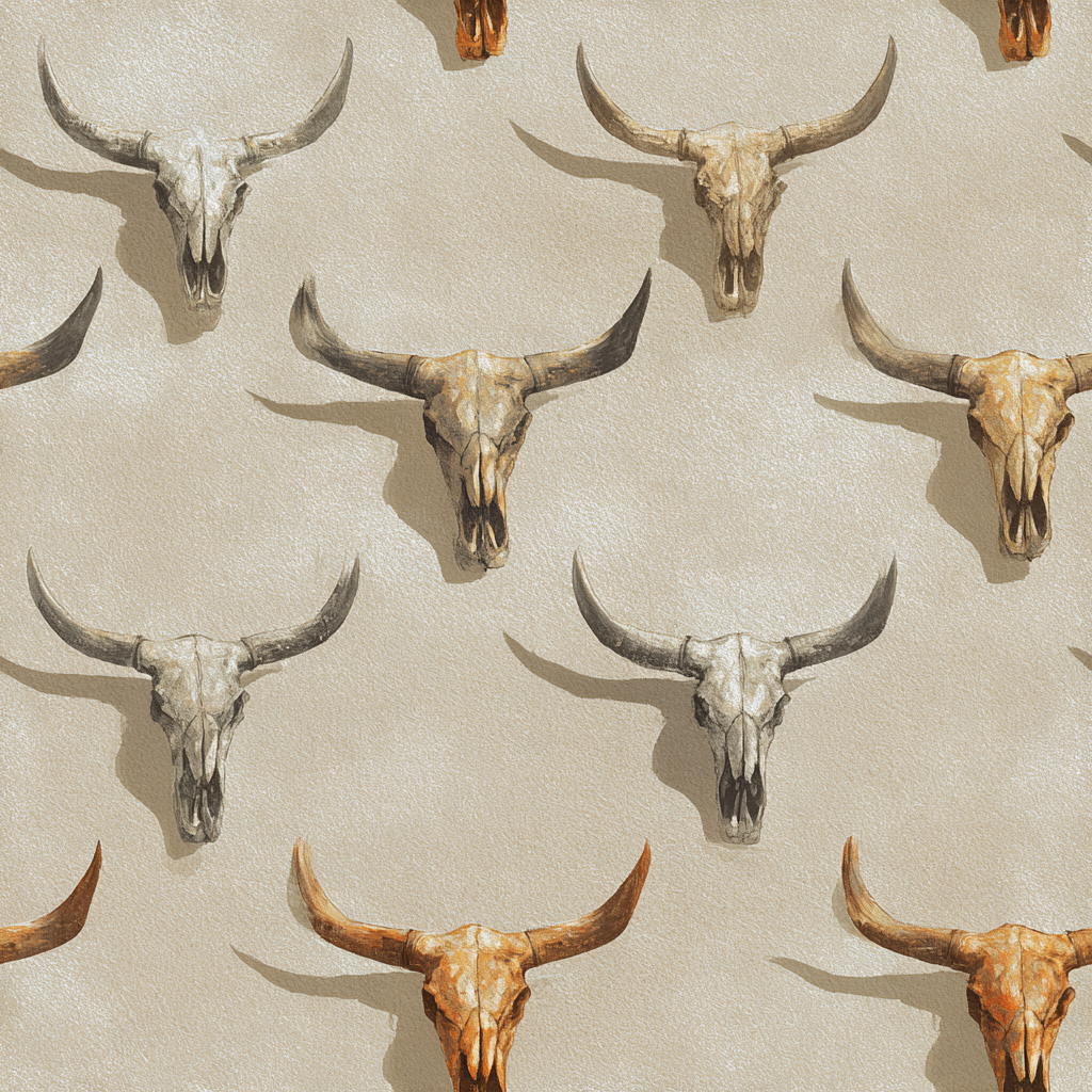 Prairie Reliquary Wallpaper featuring a repeating pattern of various bull skulls on a textured tan background.
