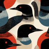 Red eye lake wallpaper with loon bird pattern, featuring red circles and black, white and blue tones.
