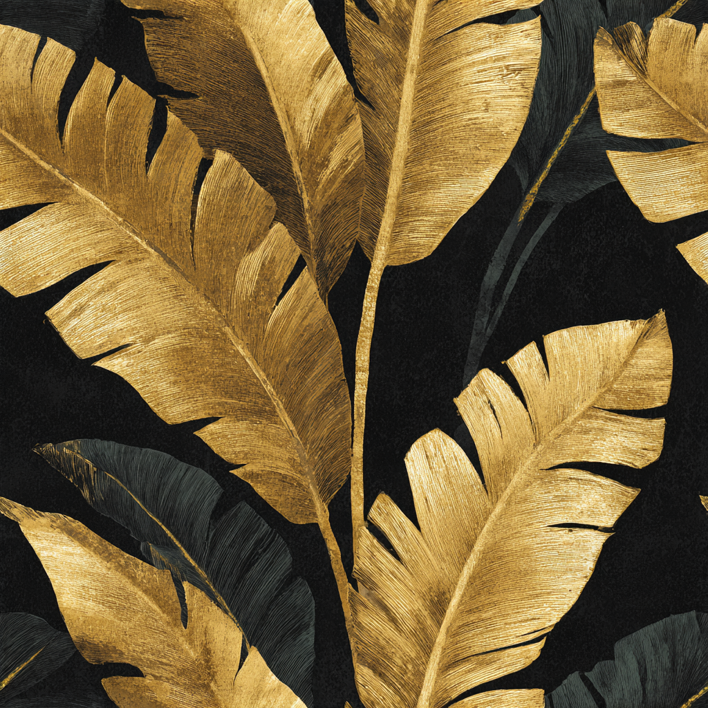 Tropical style gold wallpaper with leaf pattern and textured effect.