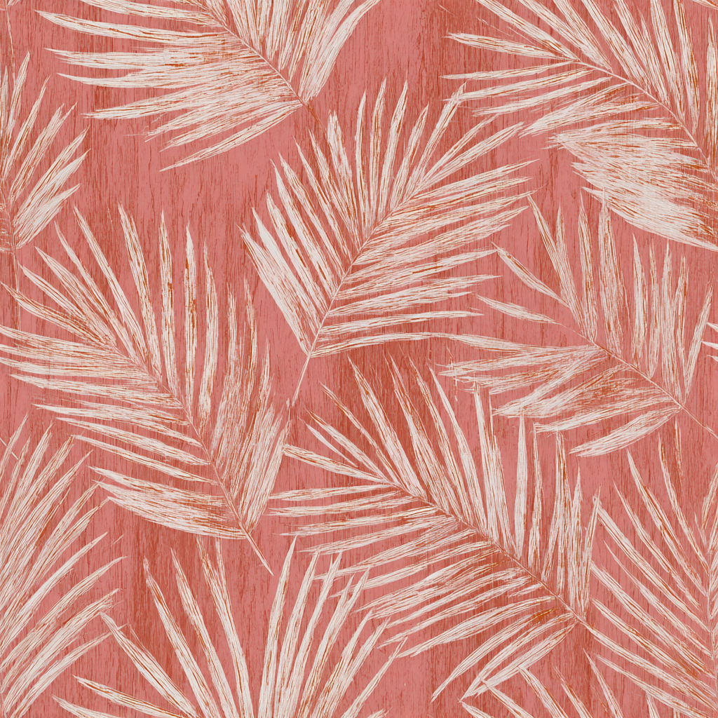 Coral palm wallpaper with white leaf pattern and wood grain effect.
