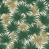 Botanical wallpaper with green and beige palm leaf pattern.