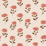 Floral ledger wallpaper with rose pattern on a light beige background.