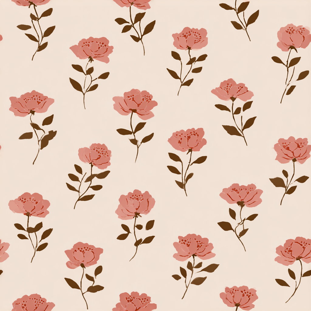 Floral ledger wallpaper with rose pattern on a light beige background.