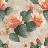 Floral wallpaper featuring blooming Opuntia cactus with pink and peach flowers on a textured beige backdrop.