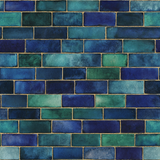 Blue and green tile wallpaper with gold grout, creating a brick pattern.