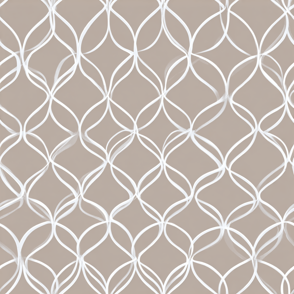 Beige lattice wallpaper by Briony with an interlocking ogee pattern in white.