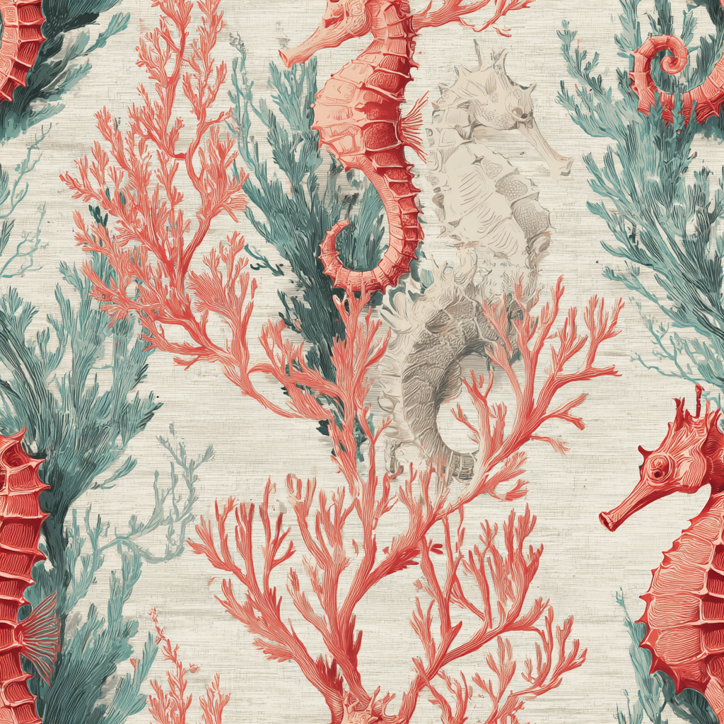Coralbound wallpaper with seahorse and coral pattern on a textured background.