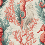 Coralbound wallpaper with seahorse and coral pattern on a textured background.