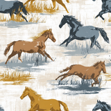 Run Wild wallpaper with galloping horses pattern in shades of brown and blue.