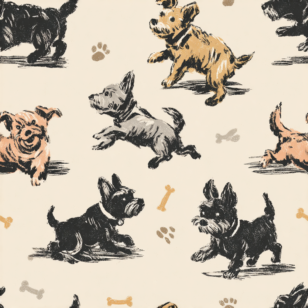 Terrier Tango wallpaper with dog and bone pattern on a cream background.