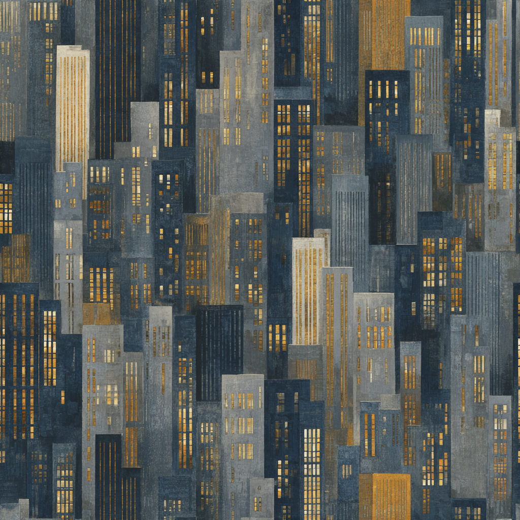 Blue and gold Manhattan Meridian wallpaper with a city skyline pattern.