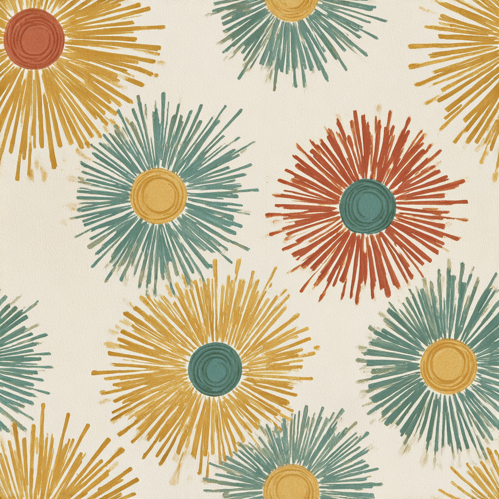 Solaris Burst Wallpaper with colorful burst pattern and painterly textures on a cream background.
