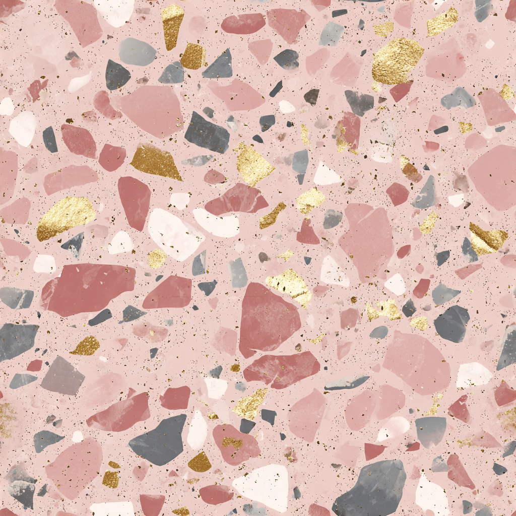 Rosetta terrazzo wallpaper in pink by an unknown vendor, featuring flecks of gold, grey, and white.