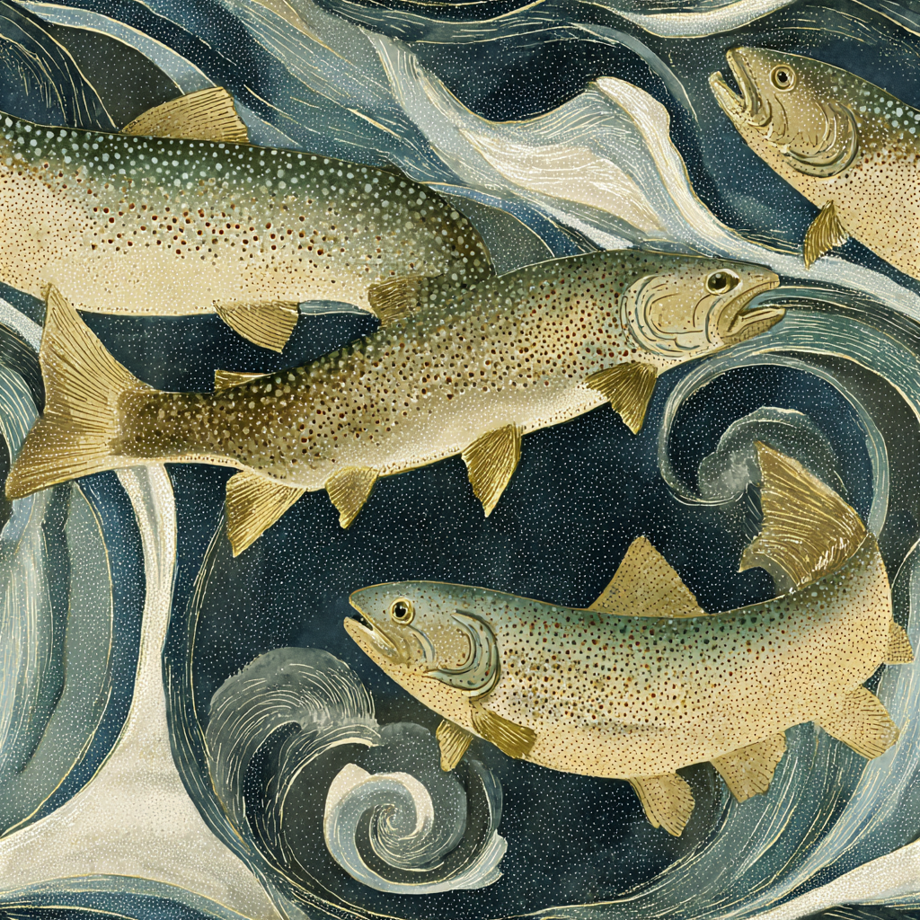 Fish-themed wallpaper featuring brown trout swimming amidst swirling blue and white water patterns.
