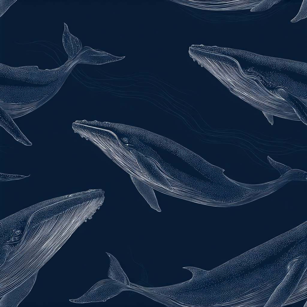 Navy blue wallpaper with whales by Pelagic Lineage featuring white line art and marine pattern.